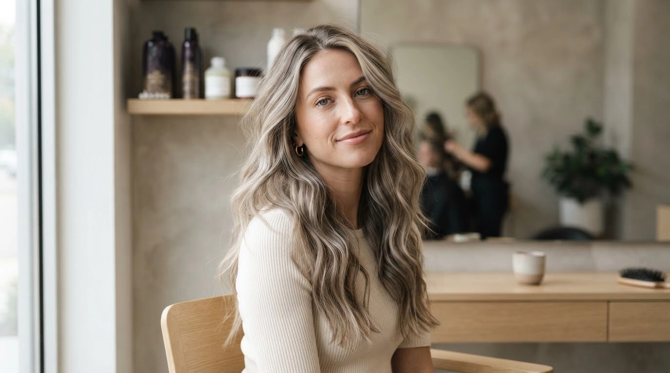 american woman with mushroom blonde waves and cool neutral hair tones