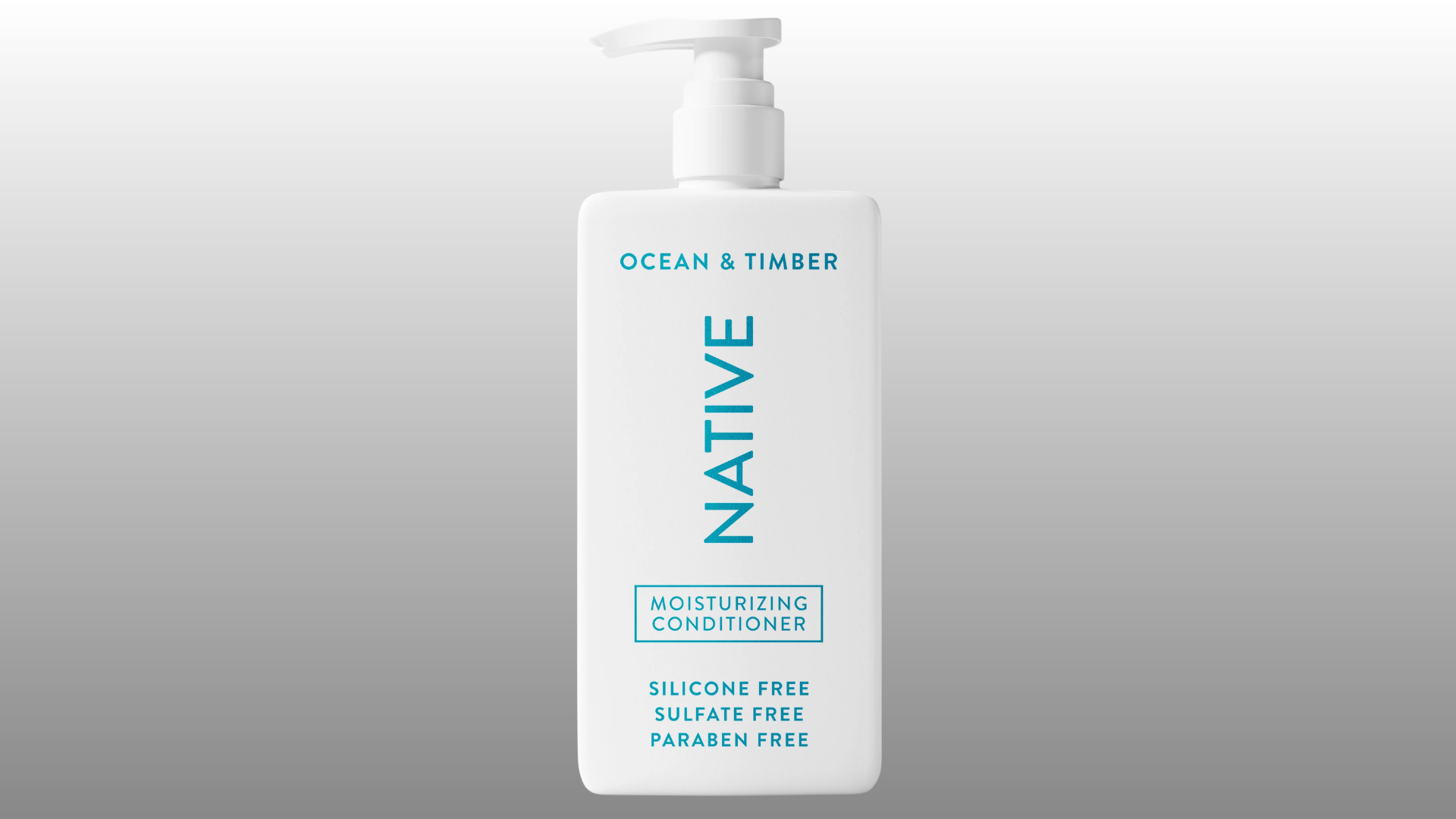white ocean and timber moisturizing conditioner bottle with pump dispenser on gray background for hair care display