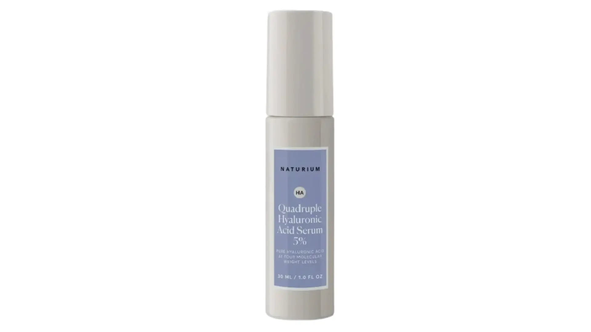 naturium quadruple hyaluronic acid serum in a tall gray pump bottle with lavender label on a clean white background