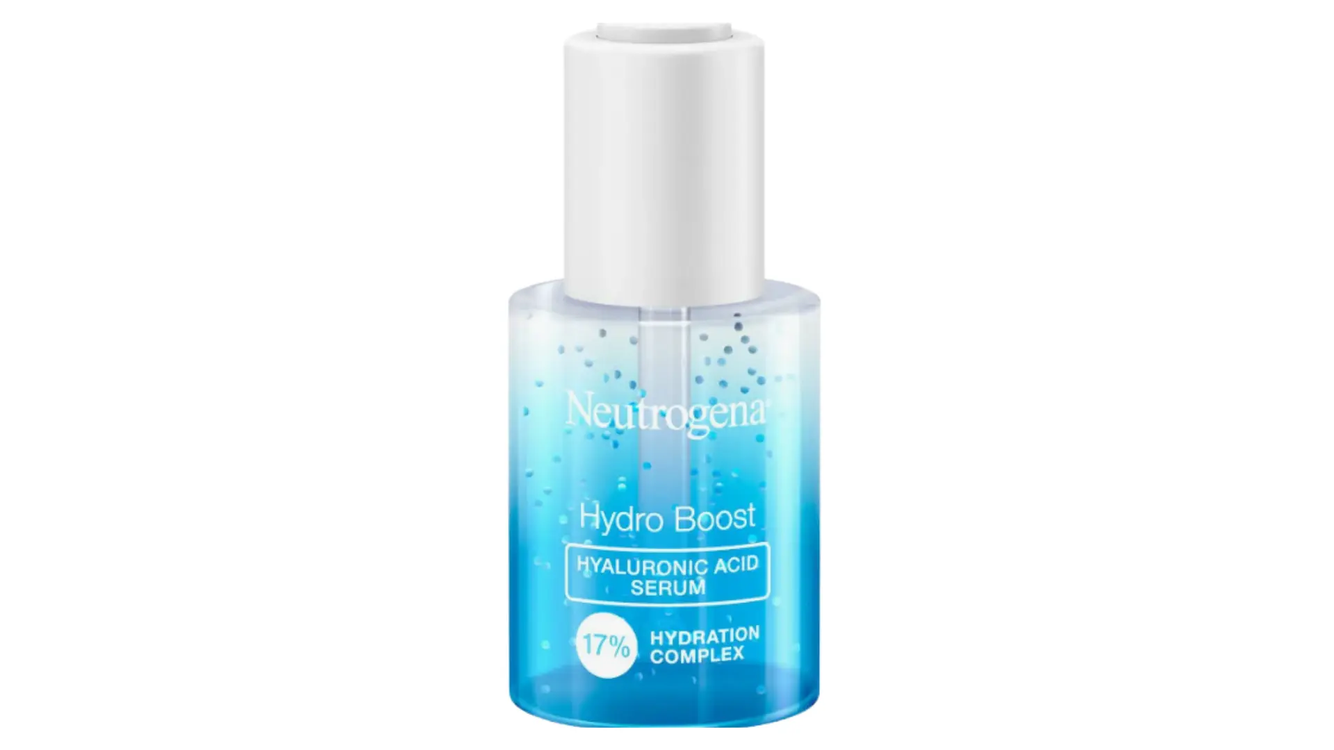 neutrogena hydro boost hyaluronic acid serum bottle featuring a gradient blue gel and white dropper cap on a white background