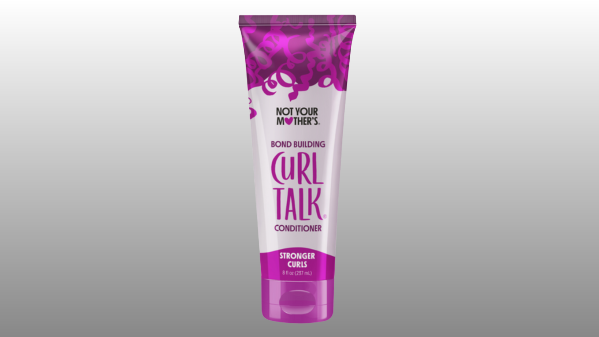 not your mother's curl talk conditioner tube with purple packaging on gray background for hair care displa