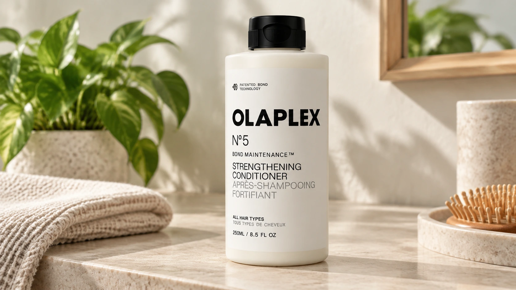 olaplex no 5 bond maintenance conditioner bottle in a matte bathroom product photoshoot setting