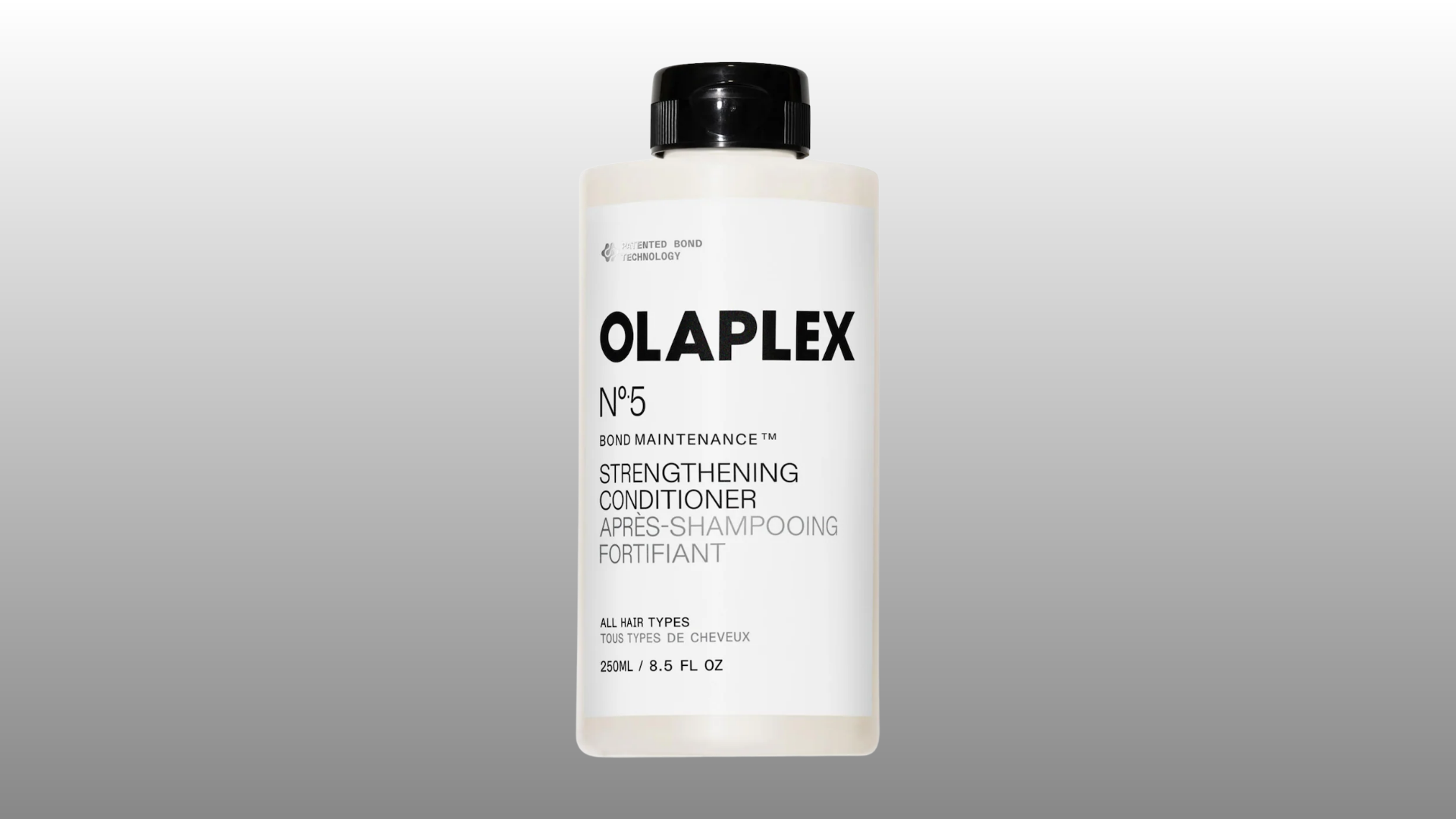 olaplex no 5 bond maintenance strengthening conditioner bottle on gray background for hair care product display