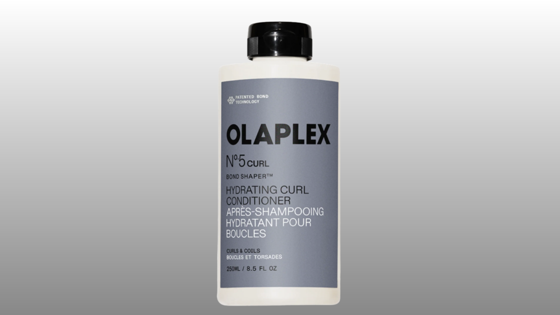 olaplex no 5 curl hydrating curl conditioner bottle with black cap on gray background for hair care display