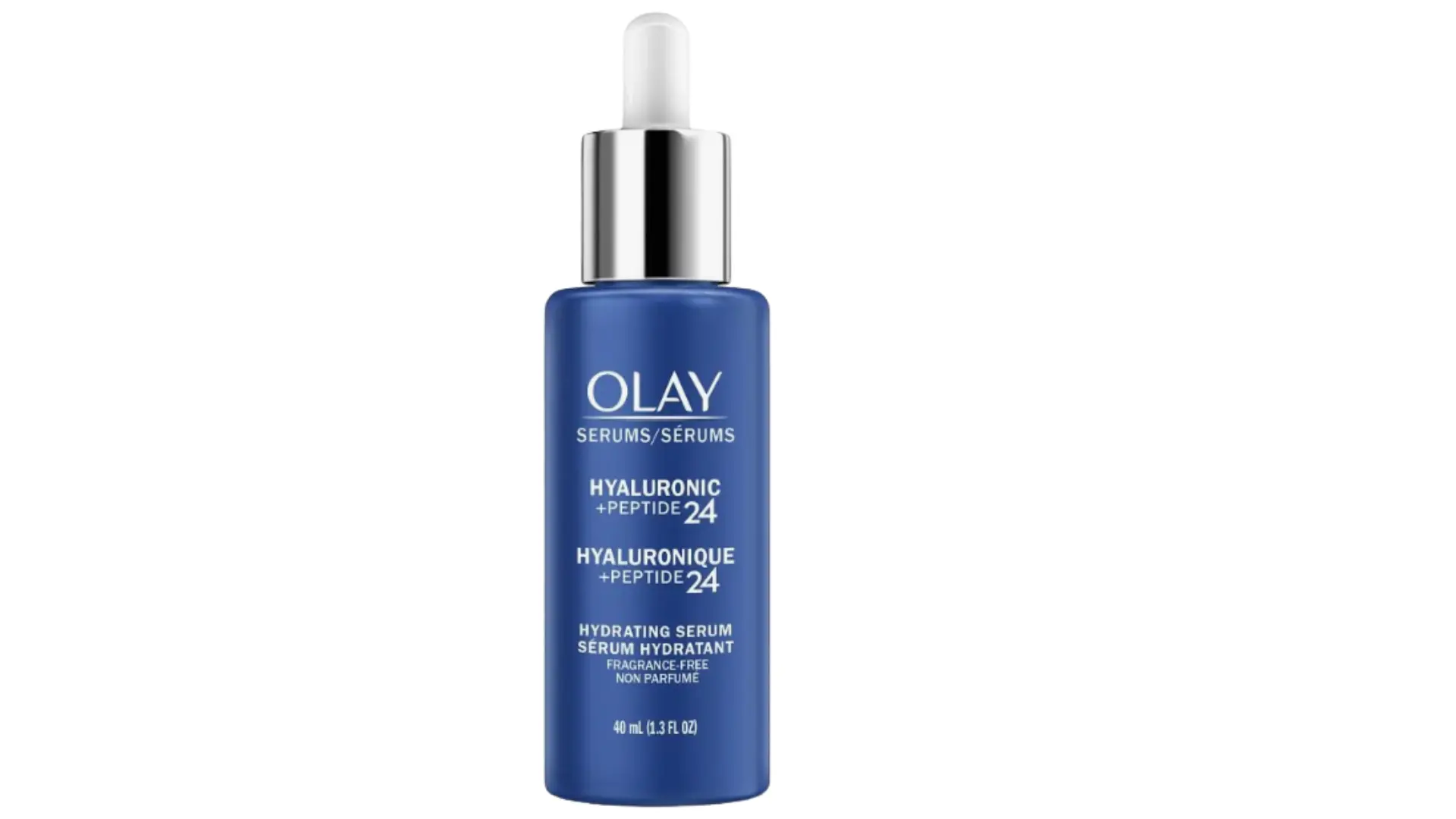 blue olay hyaluronic peptide 24 hydrating serum bottle with silver dropper displayed against a clean white background