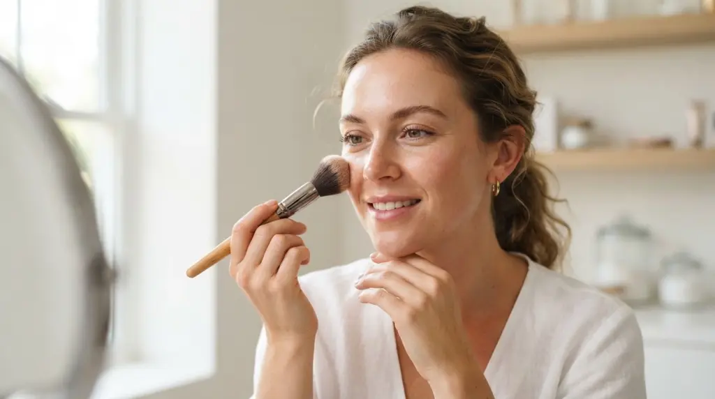 close up of white american woman applying makeup with brush showing natural skin texture and beauty details