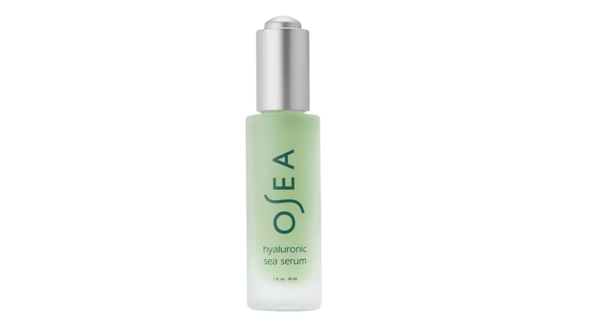 osea hyaluronic sea serum, a oz bottle in frosted green glass with a rounded silver dropper cap on the very top