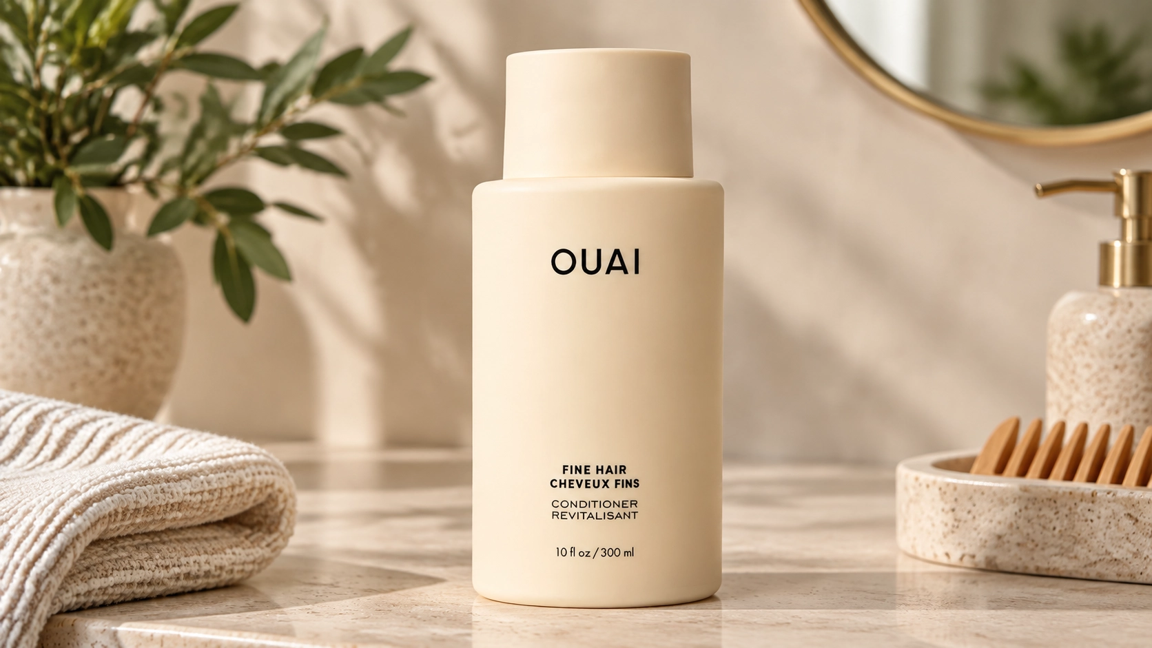 ouai fine hair conditioner bottle in a matte luxury bathroom product photoshoot setting