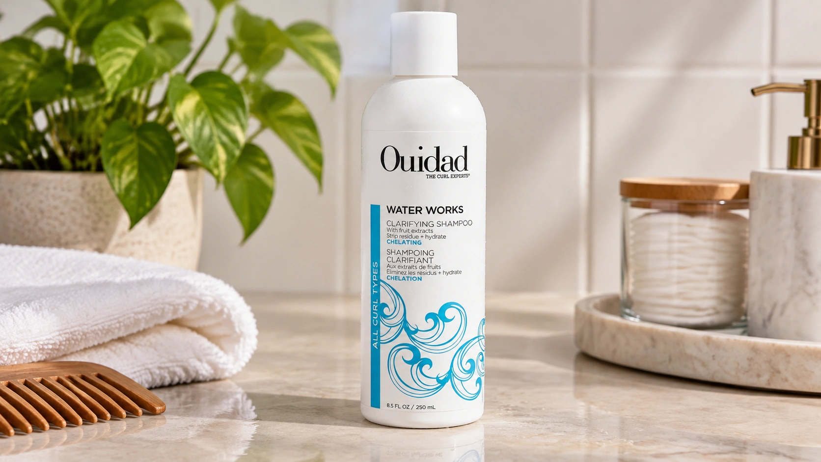 ouidad water works clarifying shampoo bottle on a clean bathroom vanity setup