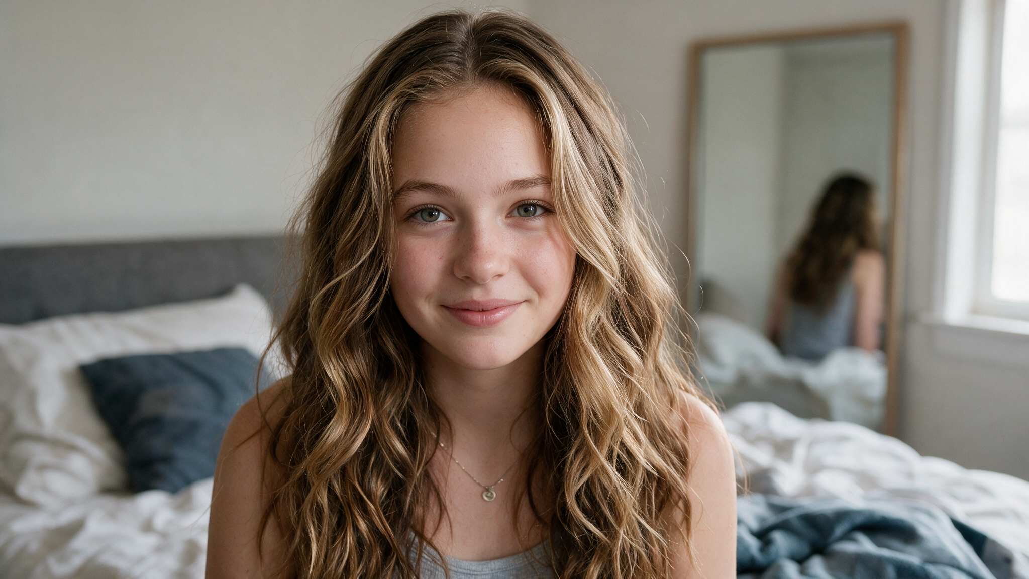 teen girl with overnight heatless waves and realistic morning hair texture