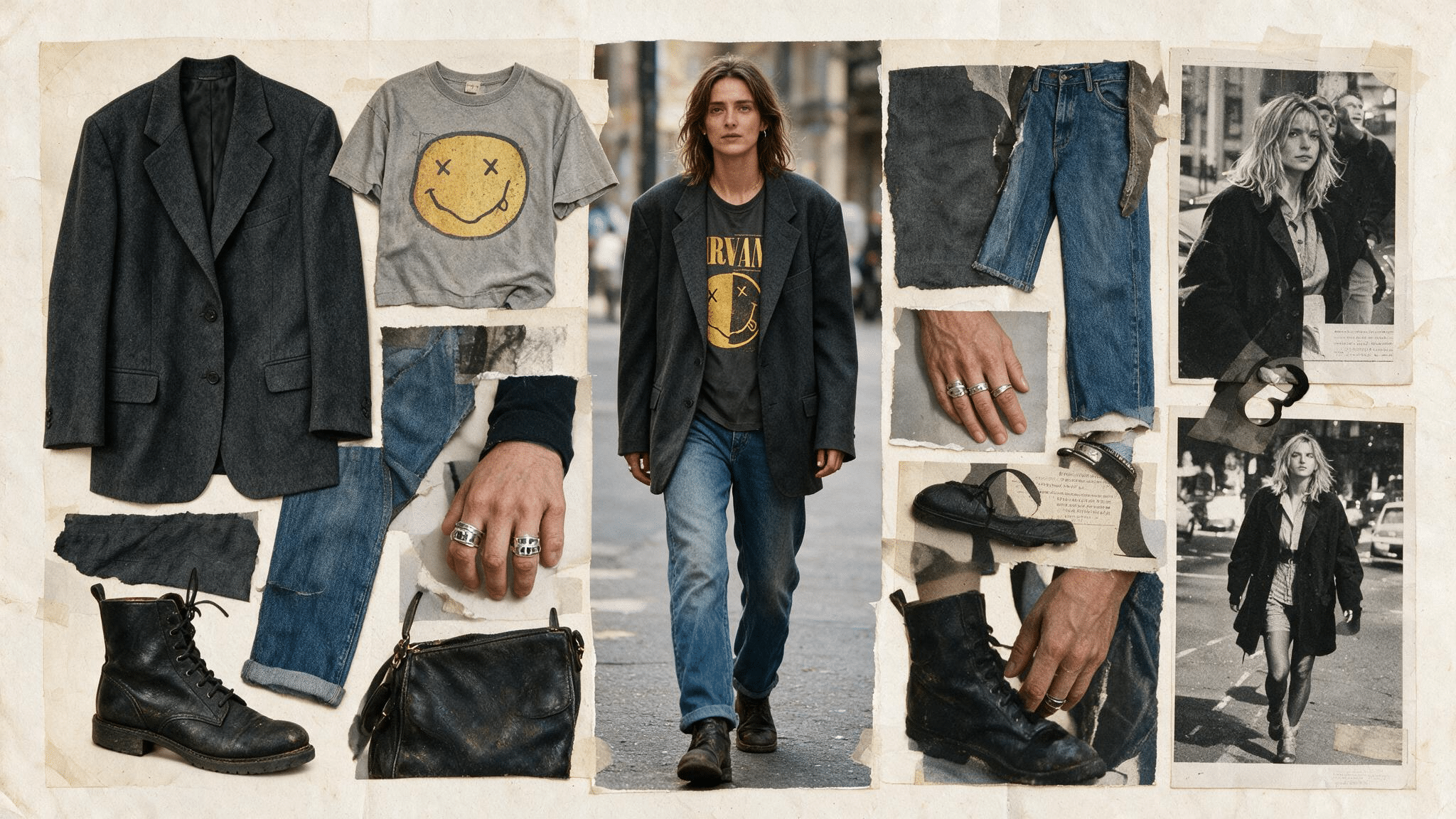 oversized charcoal blazer over a vintage tee with relaxed jeans dark boots and grown up modern grunge collage details