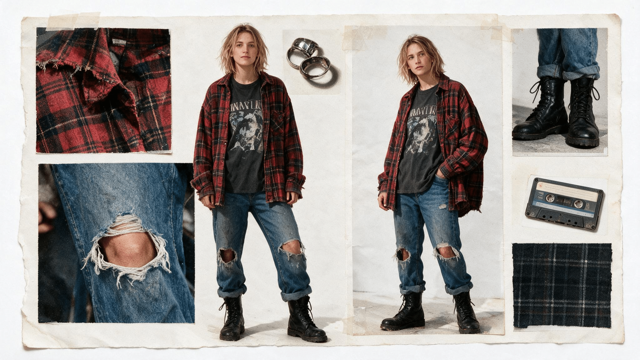 oversized flannel over a faded band tee with ripped jeans combat boots and handmade grunge collage details