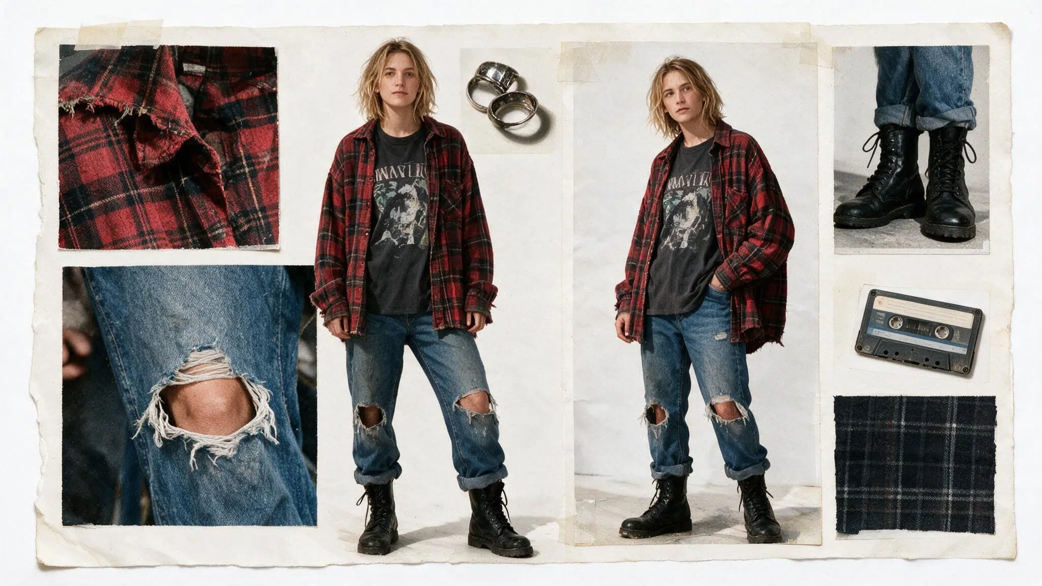 oversized flannel over a faded band tee with ripped jeans combat boots and handmade grunge collage details