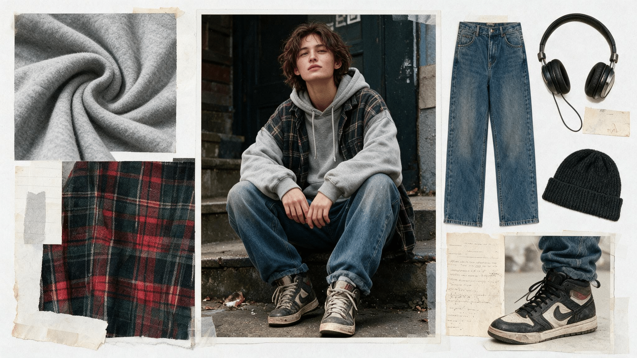 oversized grey hoodie layered with plaid flannel baggy denim worn high tops and cold weather grunge collage details