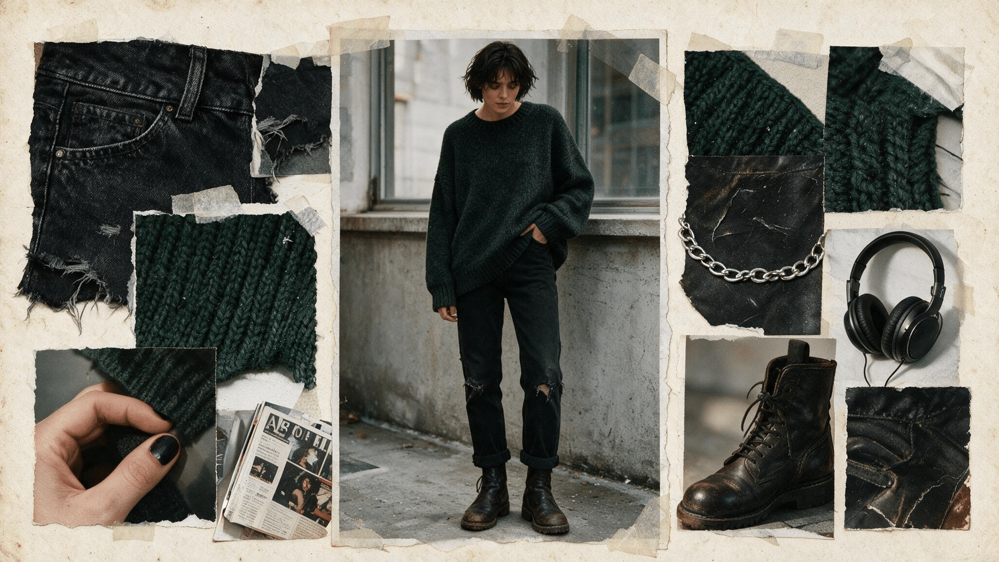oversized dark knit sweater with distressed black jeans leather boots and moody handmade grunge scrapbook elements