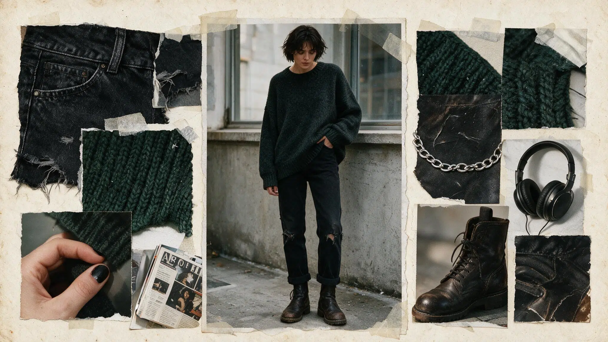 oversized dark knit sweater with distressed black jeans leather boots and moody handmade grunge scrapbook elements