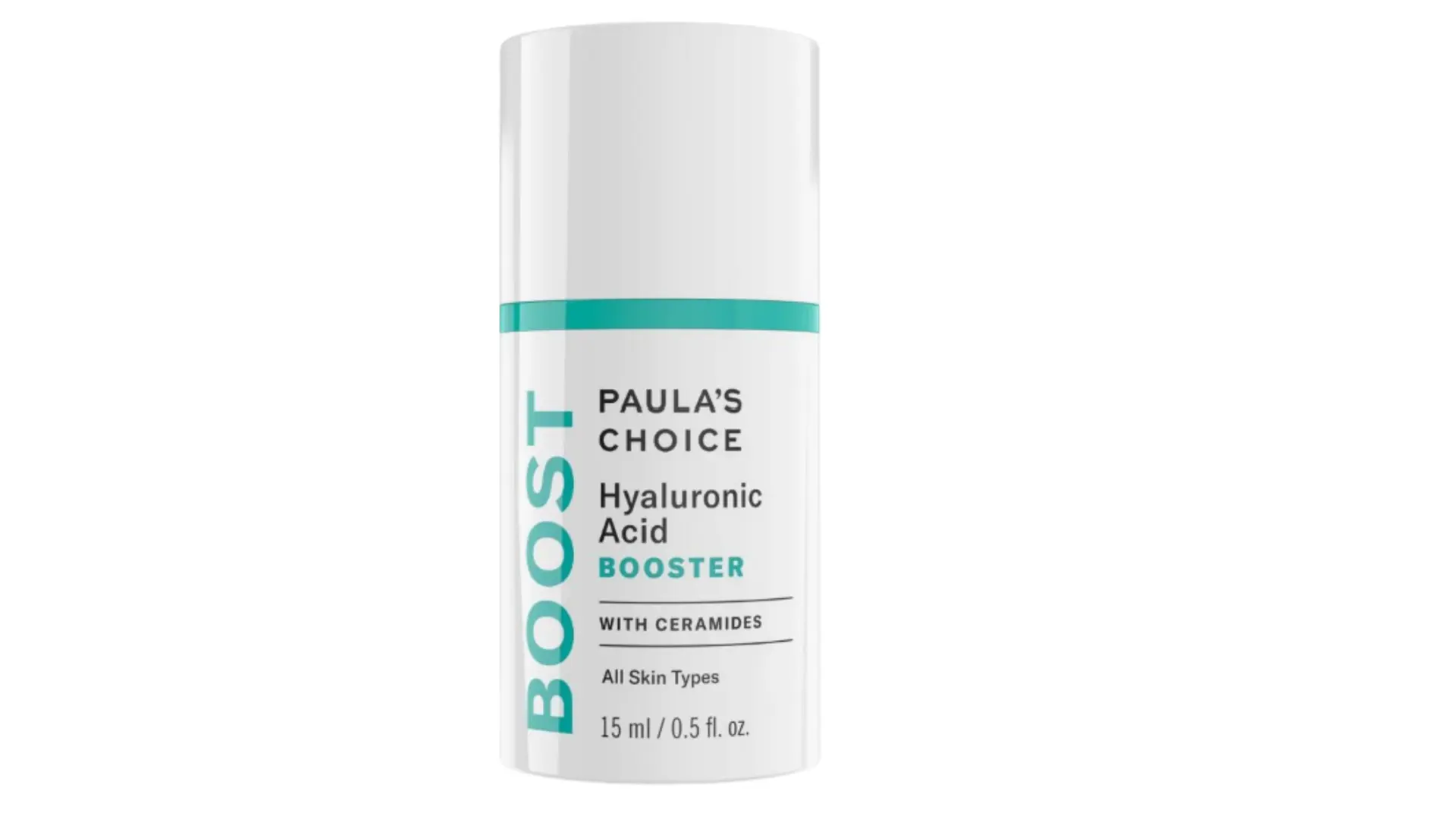 paula's choice boost hyaluronic acid booster bottle with teal accents, 15 ml, shown on a white background