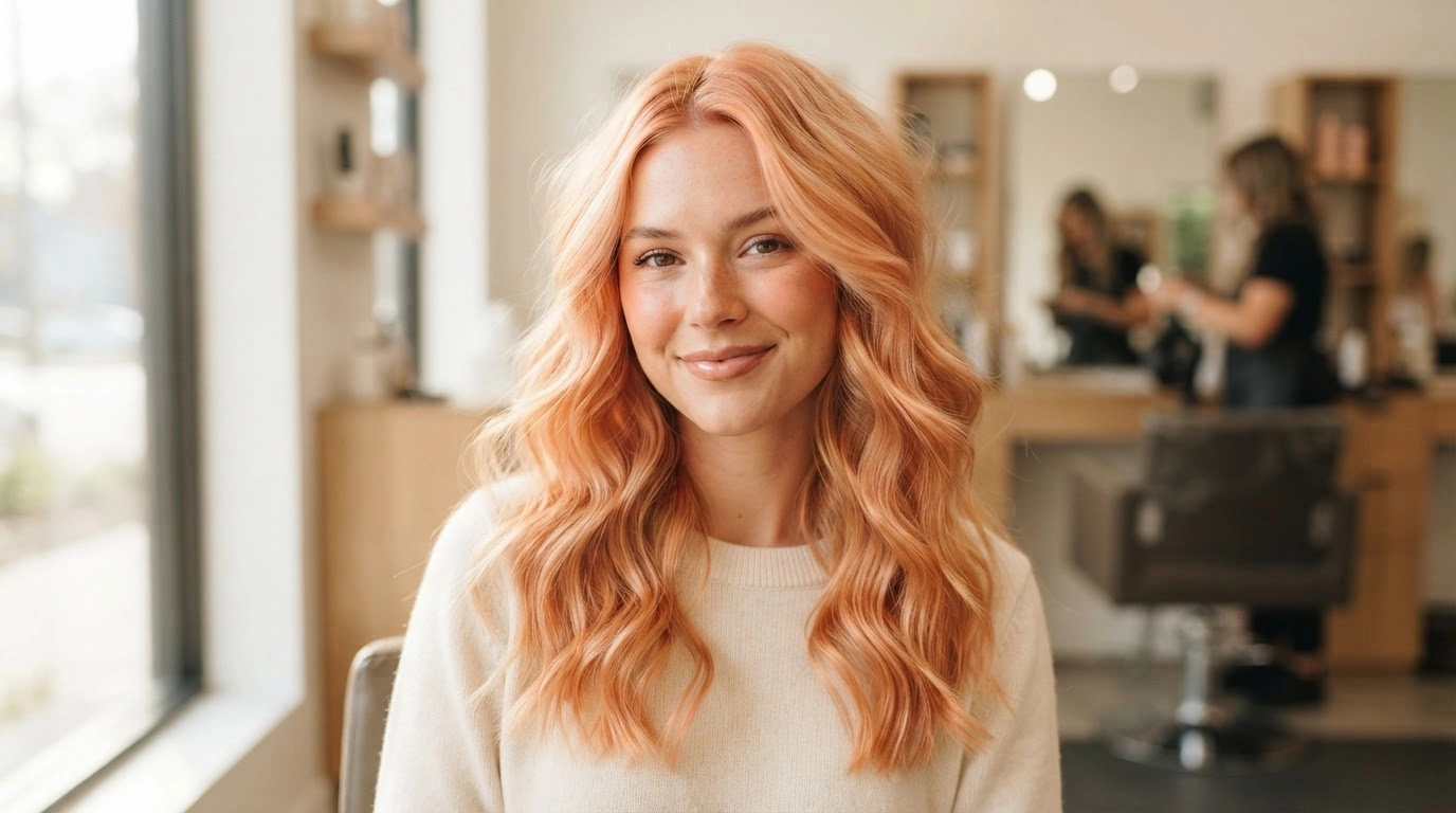 american woman with peach blonde waves and soft copper tones
