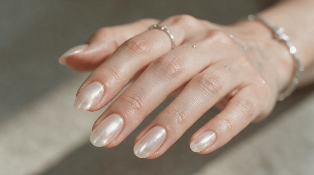 short oval nails with a soft pearly chrome sheen catching natural light beside delicate silver jewelry