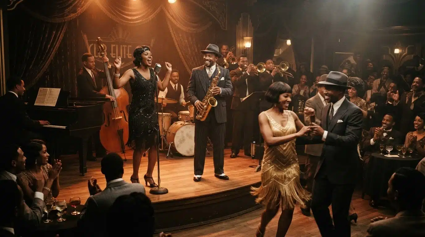 black jazz performers in 1920s harlem wearing formal suits and decorated evening dresses