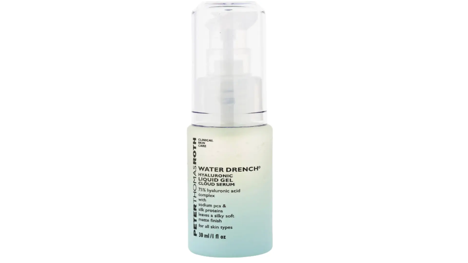peter thomas roth water drench hyaluronic cloud serum bottle with clear pump cap, on a white background