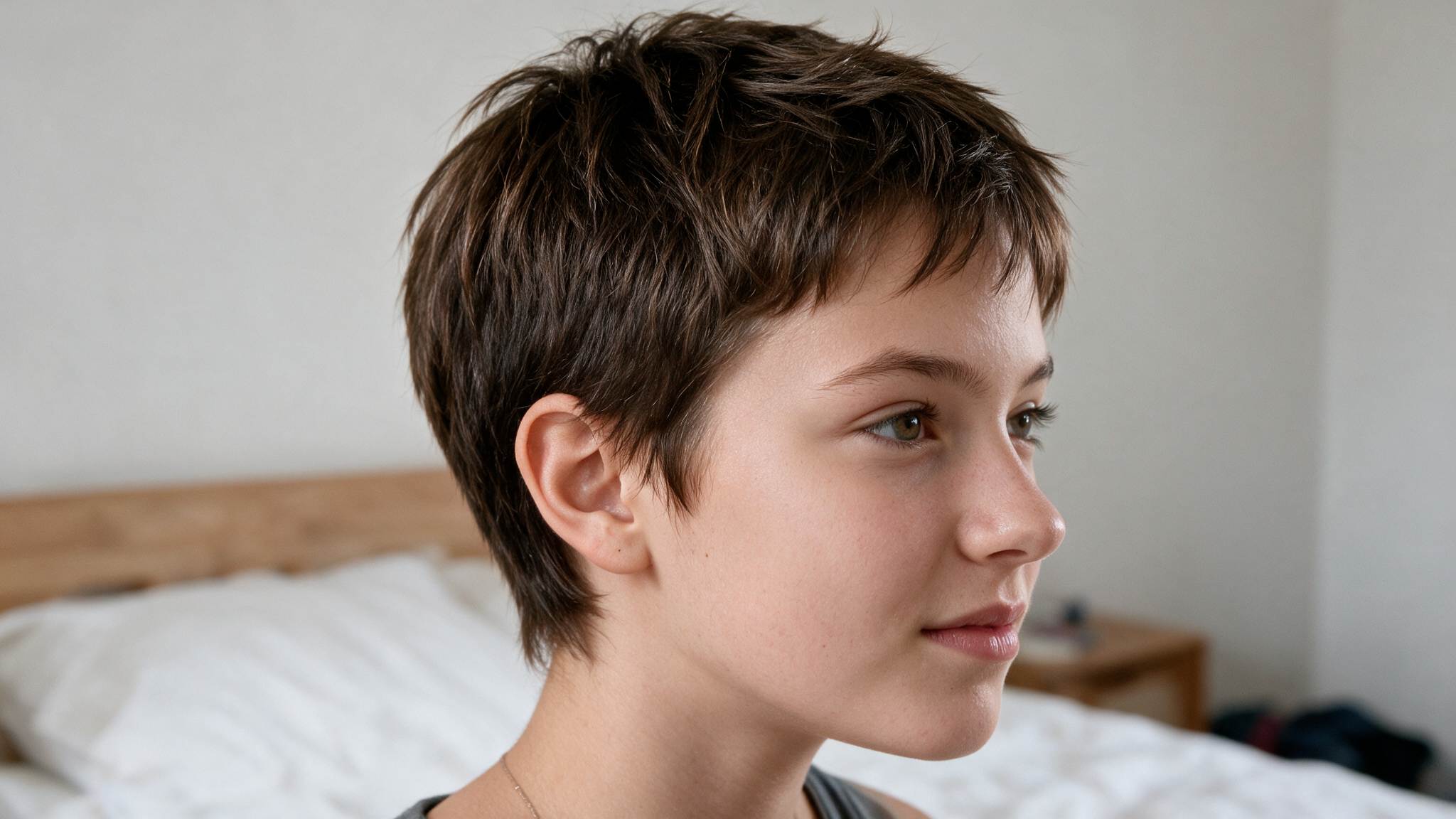 teen girl wearing pixie cut with natural layers and realistic short hair texture