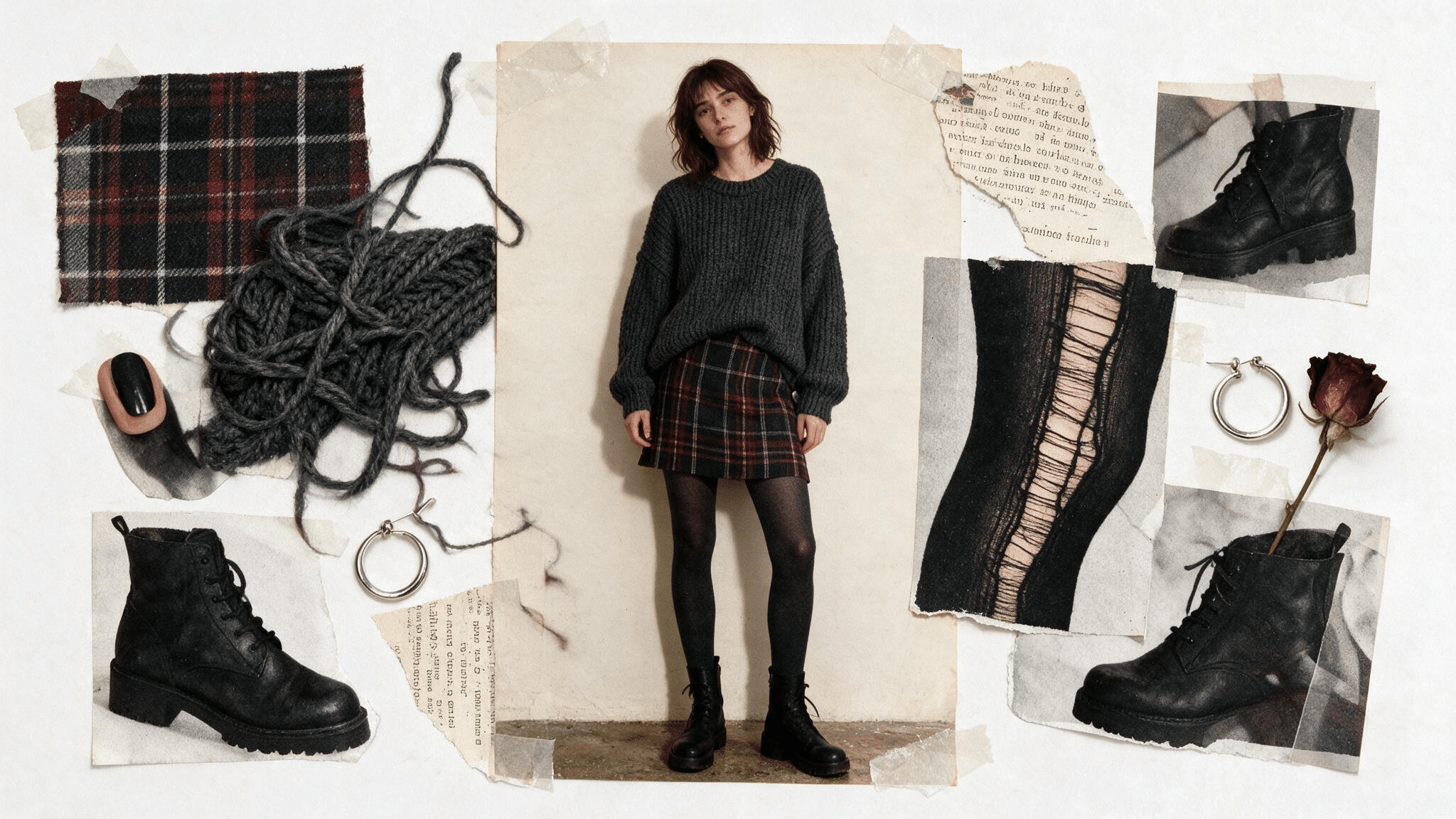 plaid mini skirt with chunky charcoal knit dark tights ankle boots and handmade feminine grunge moodboard details
