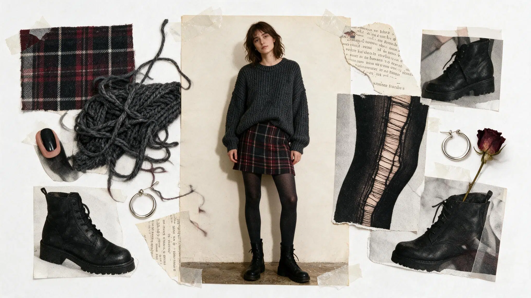 plaid mini skirt with chunky charcoal knit dark tights ankle boots and handmade feminine grunge moodboard details