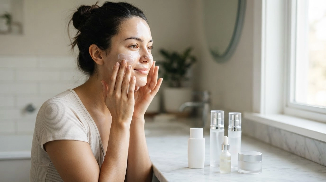 woman applying moisturizer after skincare routine with sunscreen products on bathroom vanity