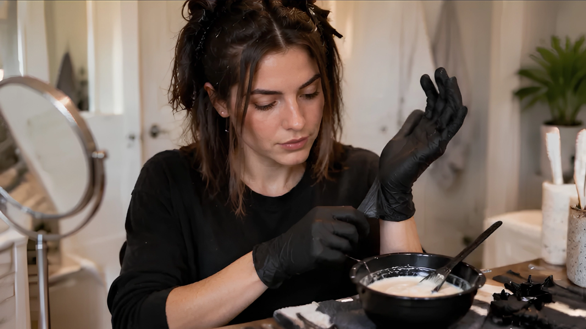 woman applying hair developer with gloves and bowl of conditioner during a home hair care routine