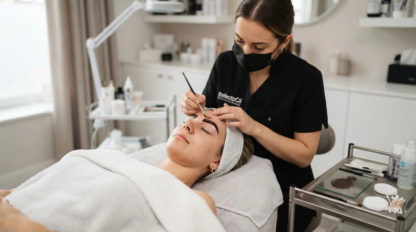 professional eyebrow technician applying brow tint to client in beauty salon