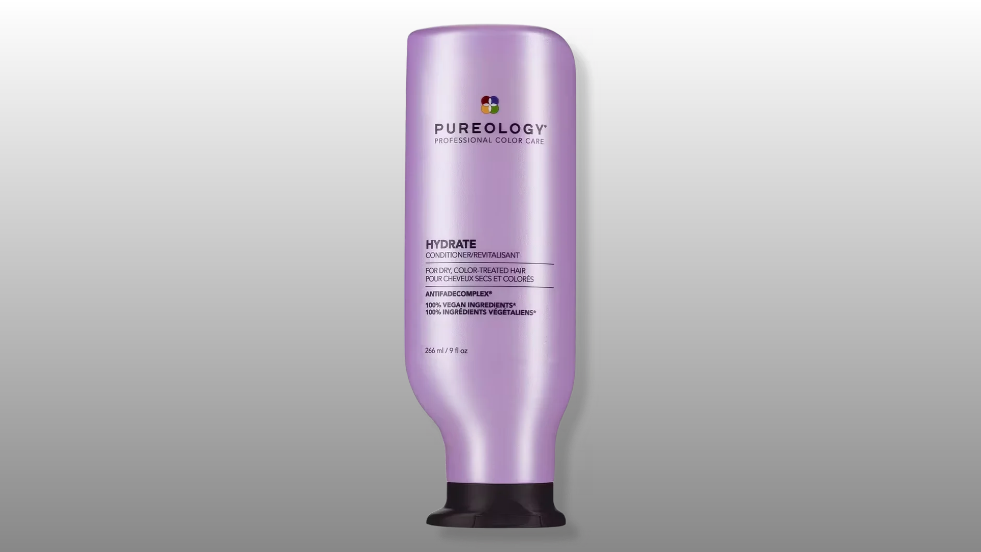 pureology hydrate conditioner bottle with purple packaging on gray background for hair care product display