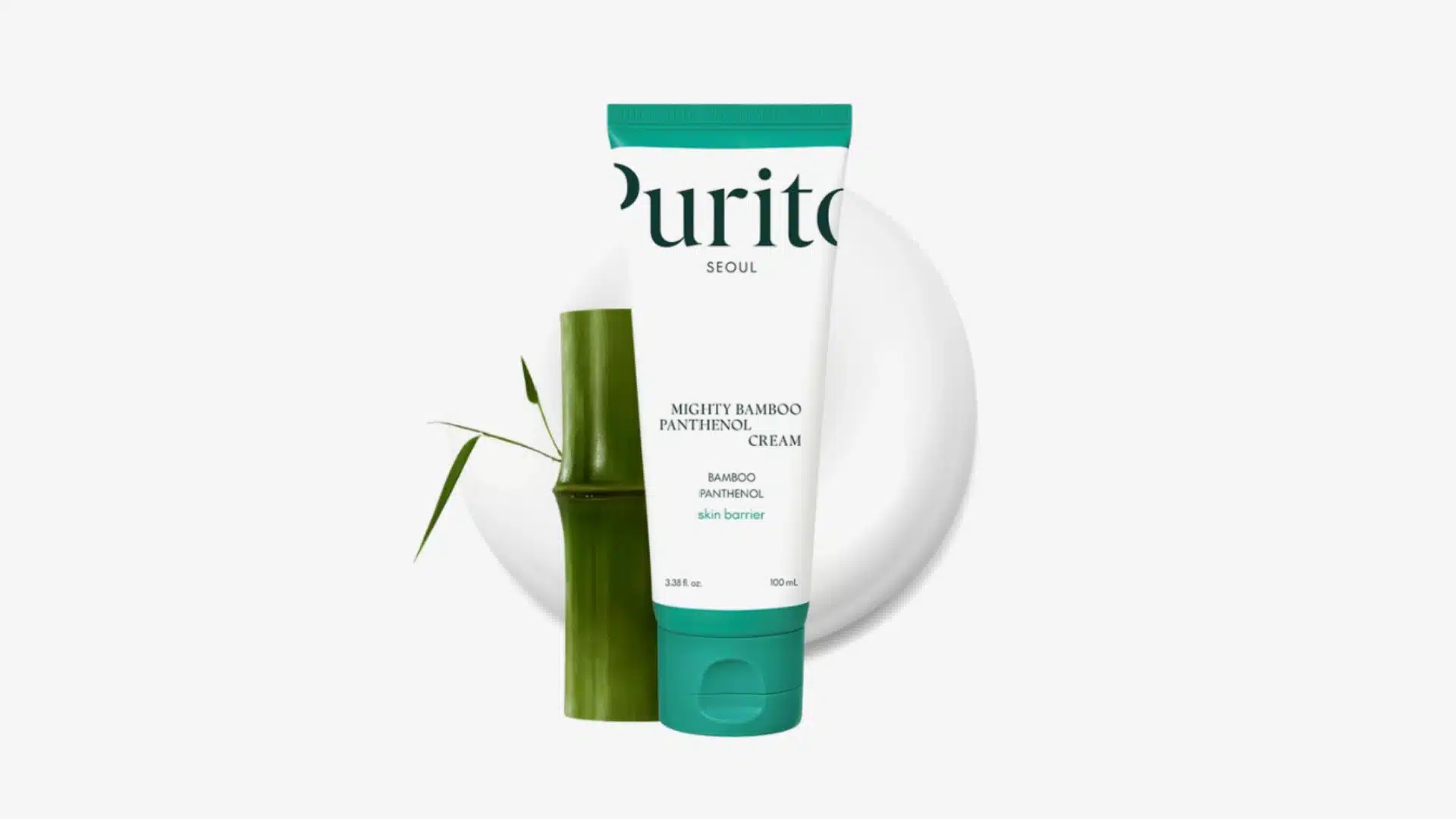 purito mighty bamboo panthenol cream tube displayed with bamboo and white cream backdrop