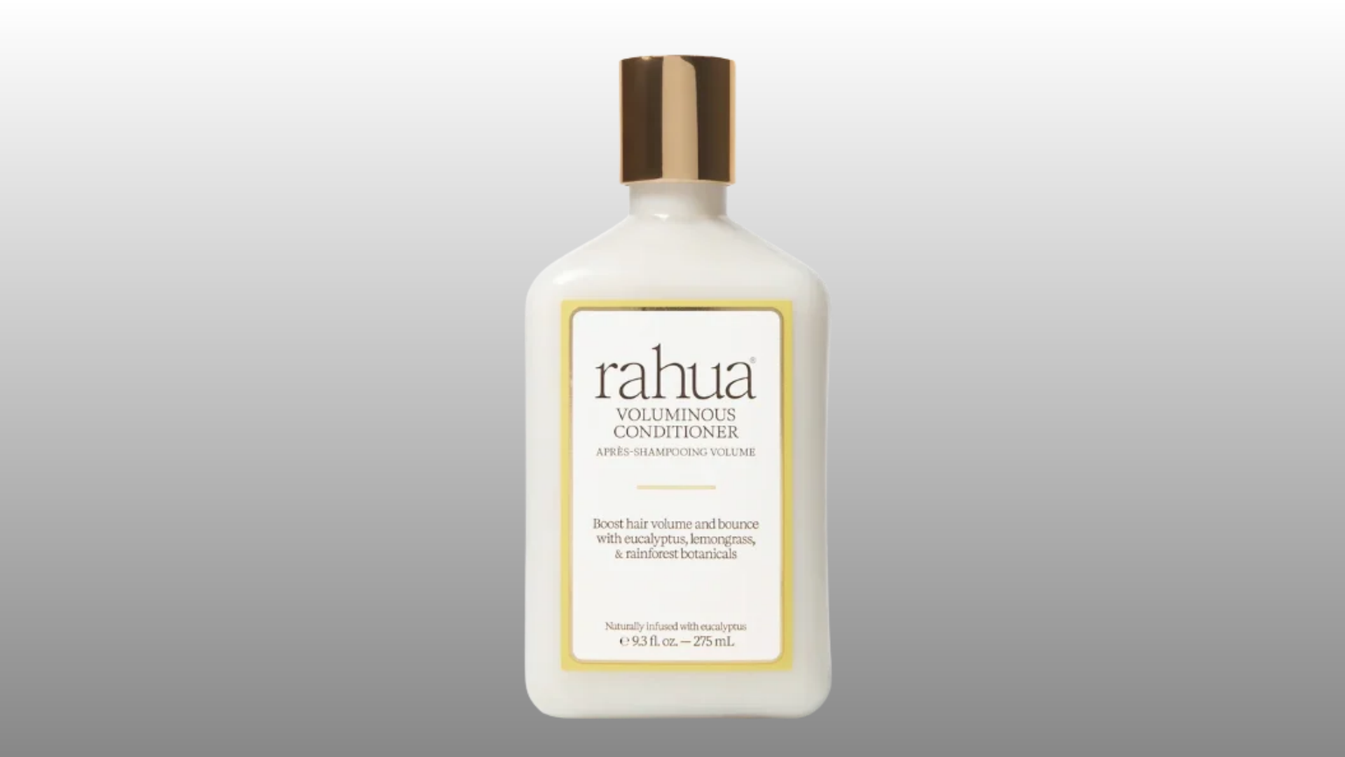 rahua volumizing conditioner bottle with gold cap and white label on gray background for hair care product display