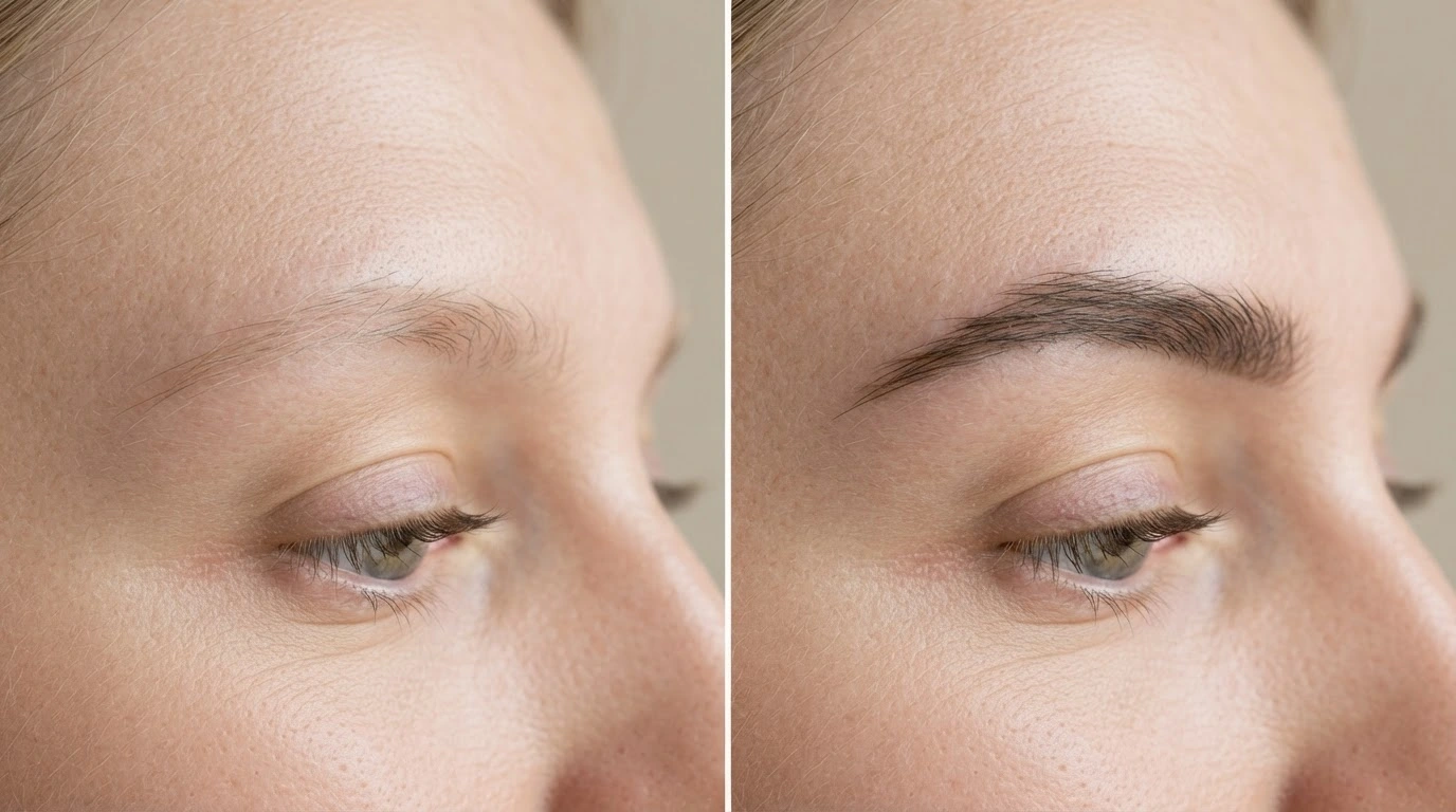 realistic brow tint before and after showing darker fuller brows with natural skin texture