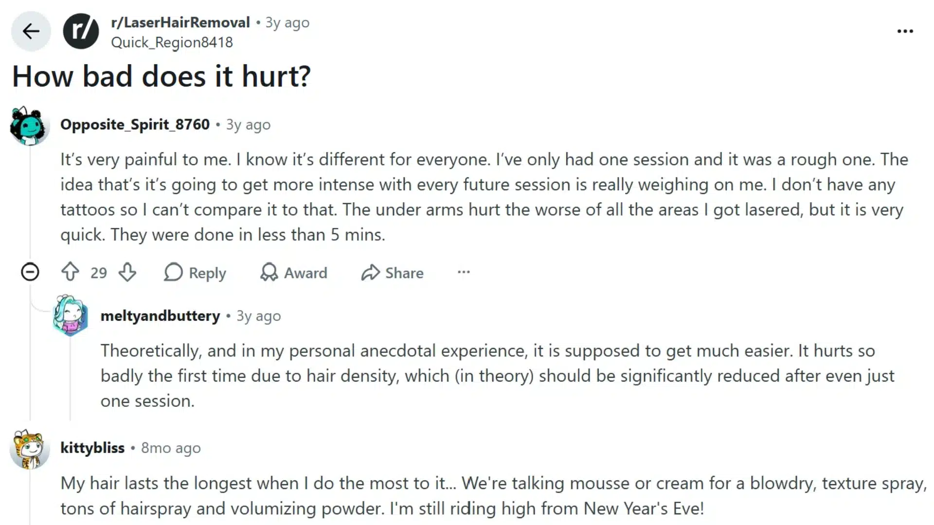 reddit discussion screenshot about laser hair removal pain experiences and comments
