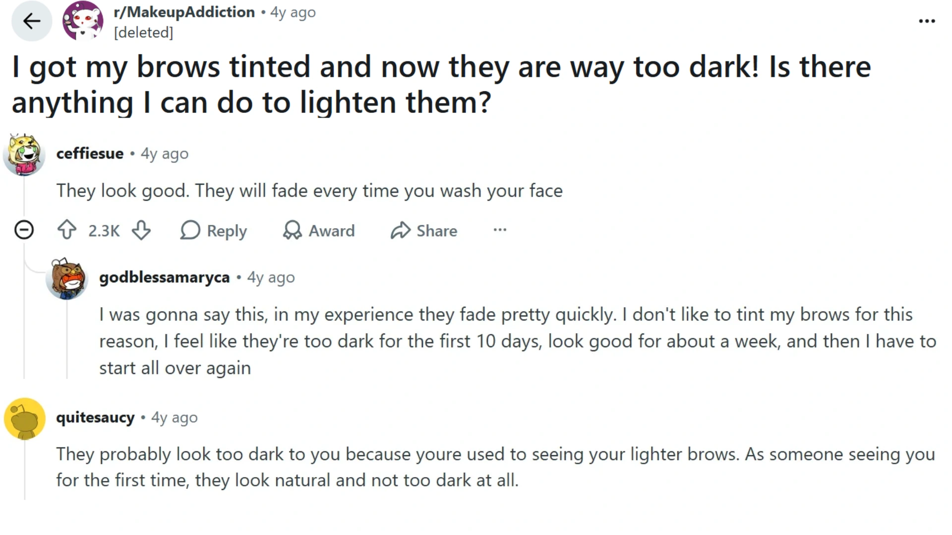 reddit users discuss eyebrow tint looking too dark before fading after face washing gently