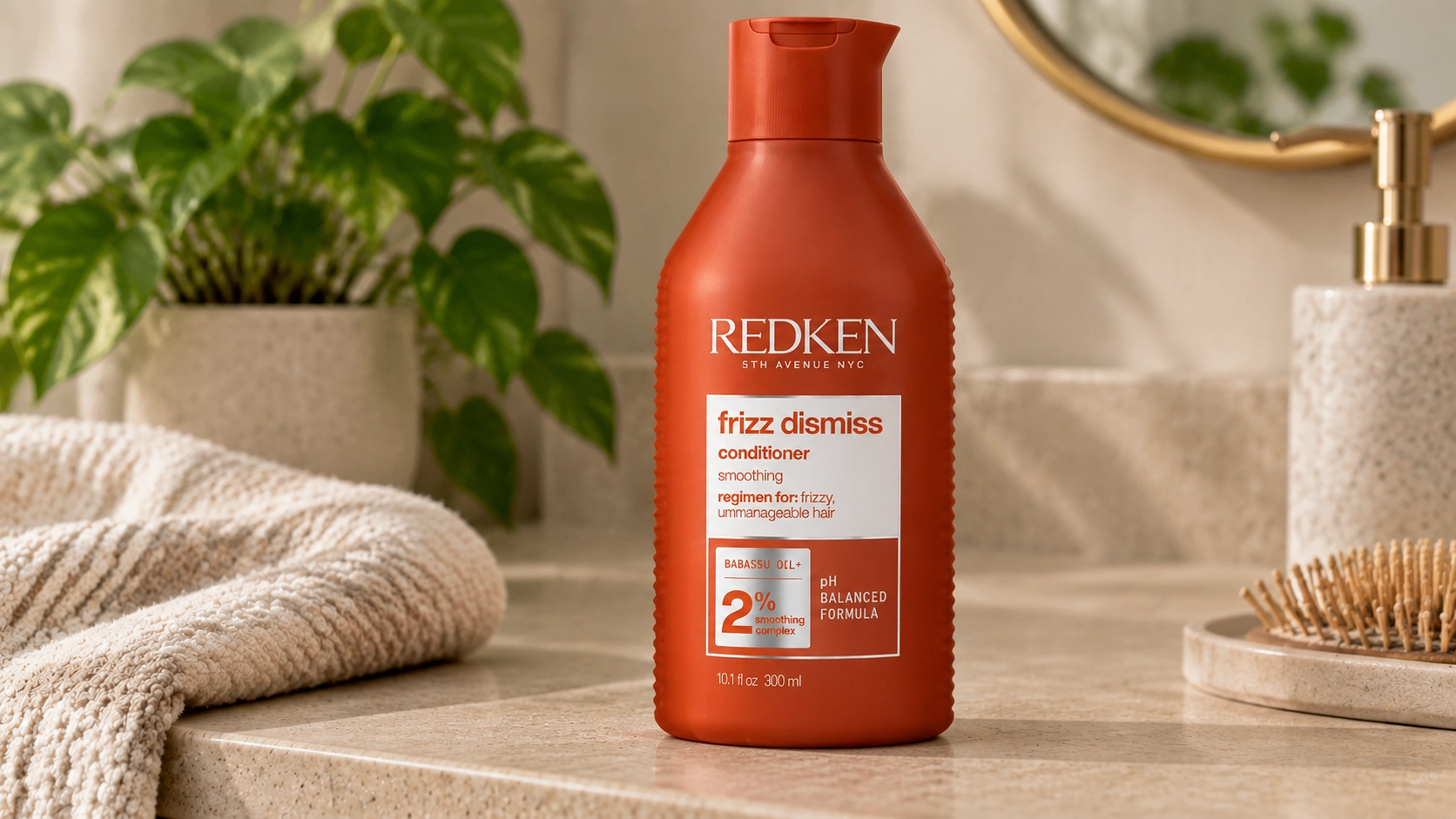 redken frizz dismiss conditioner bottle with matte finish in a clean bathroom product photoshoot setting