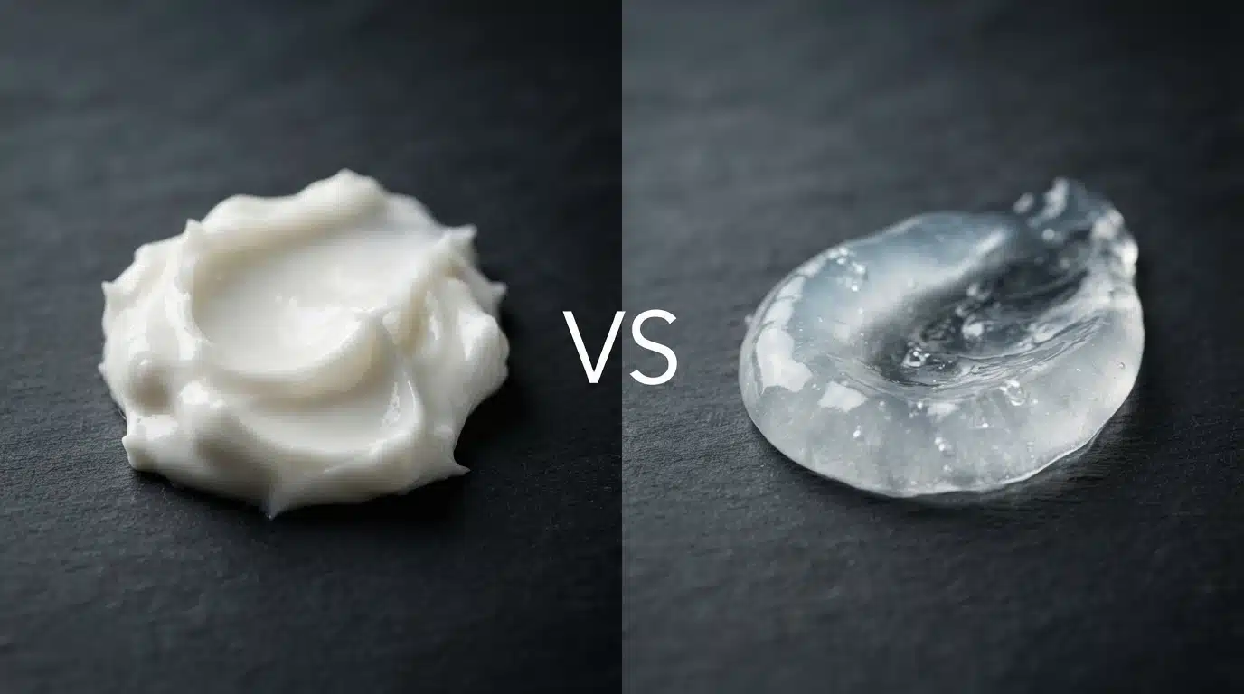 rich moisturizing cream vs lightweight gel cream textures on a dark background