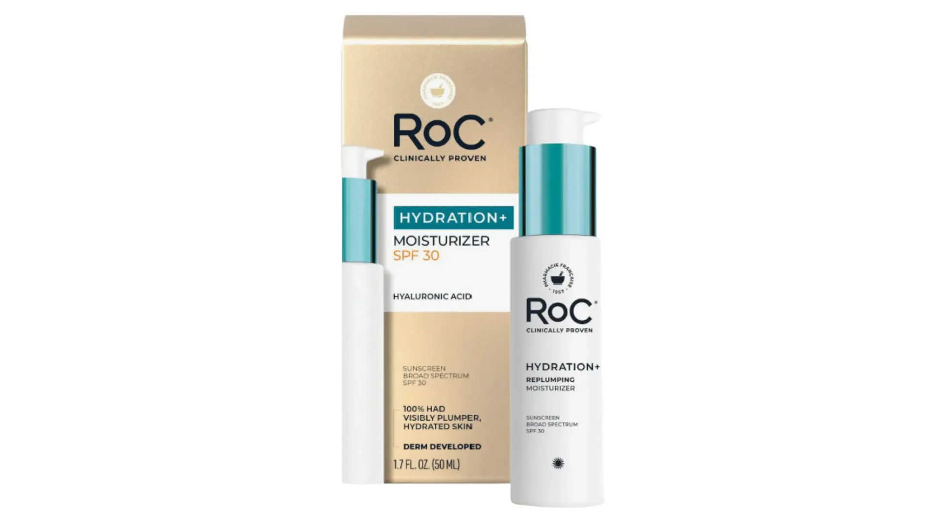 roc hydration plus spf 30 moisturizer with hyaluronic acid in a white pump bottle beside its gold product box on white