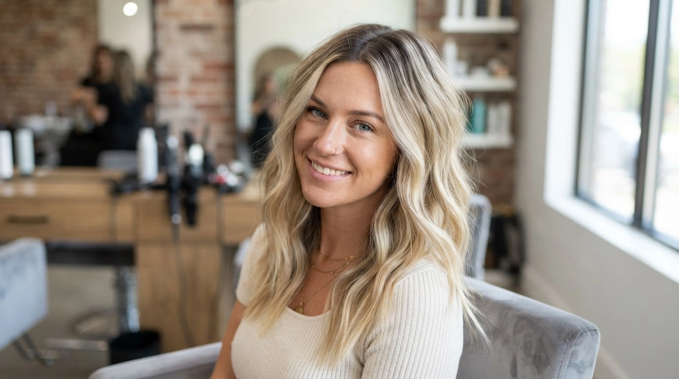american woman with rooted blonde waves and low maintenance style