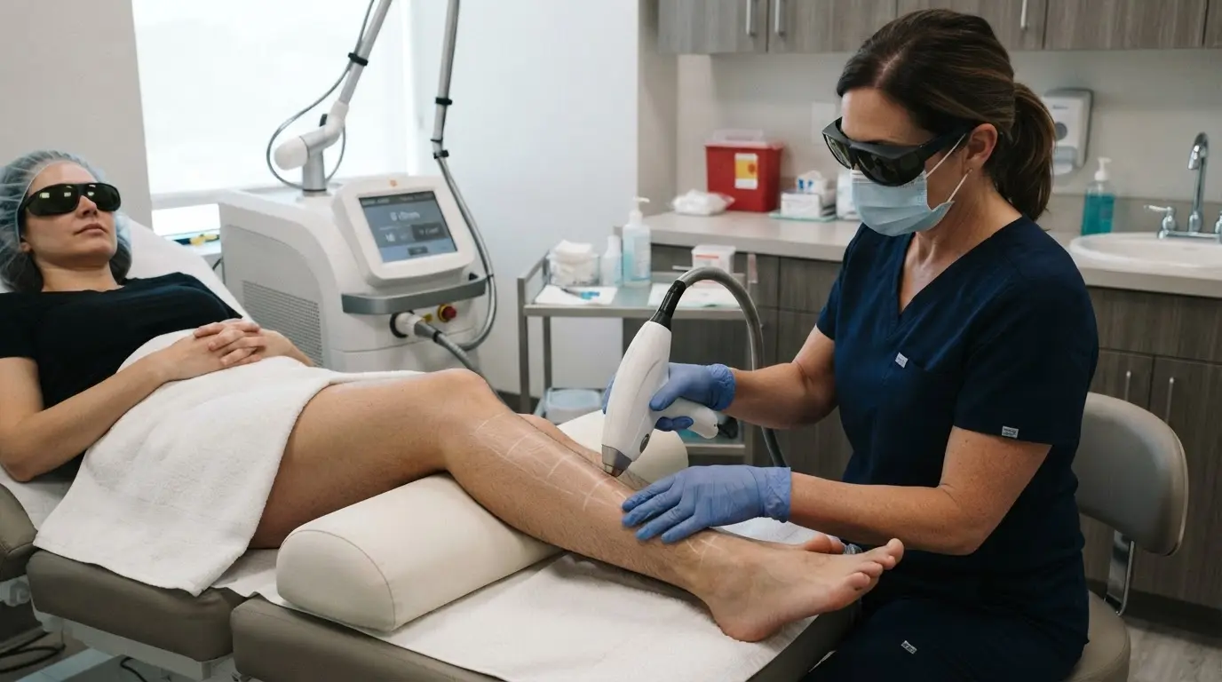 Medical provider using a laser device to treat a patient's leg during a full body laser hair removal session
