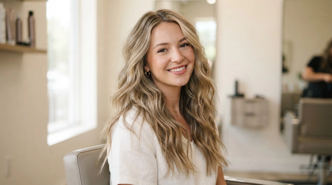 american woman with sandy blonde waves and natural autumn blonde shade