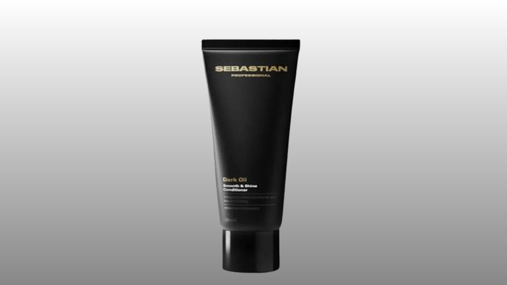 black Sebastian Dark Oil Conditioner tube with gold label on gray background for hair care product display