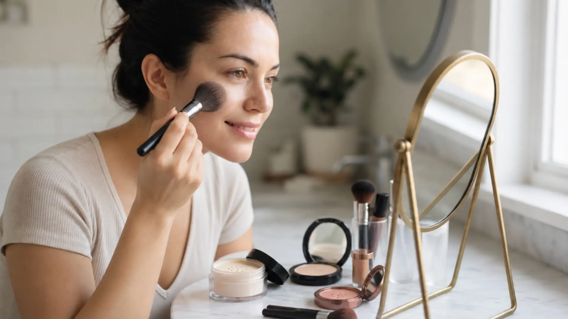 woman applying setting powder with a fluffy brush at a bright vanity, with powder makeup products and gold mirror nearby