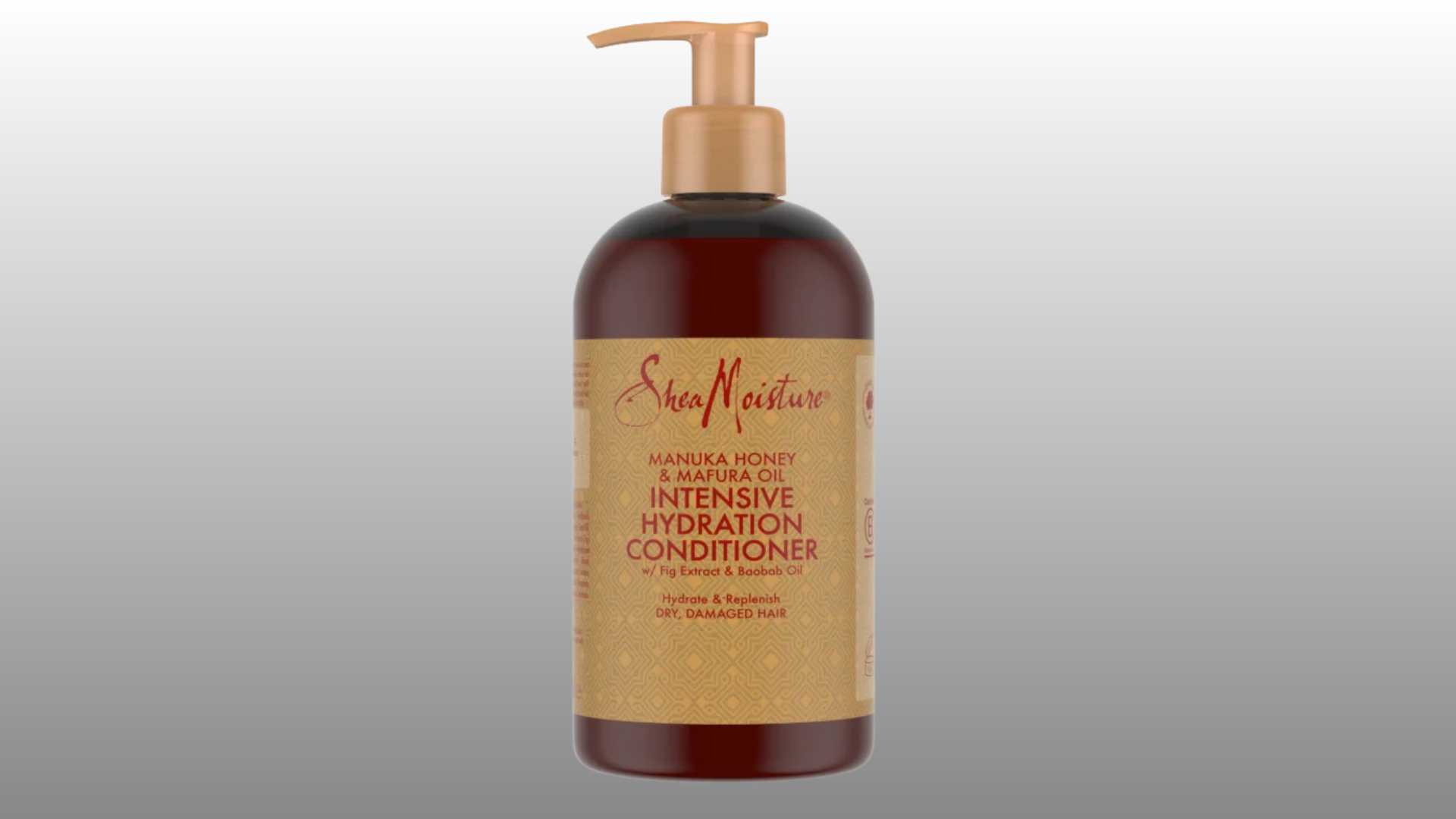brown shea moisture intensive hydration conditioner bottle with pump dispenser on gray background for hair care display