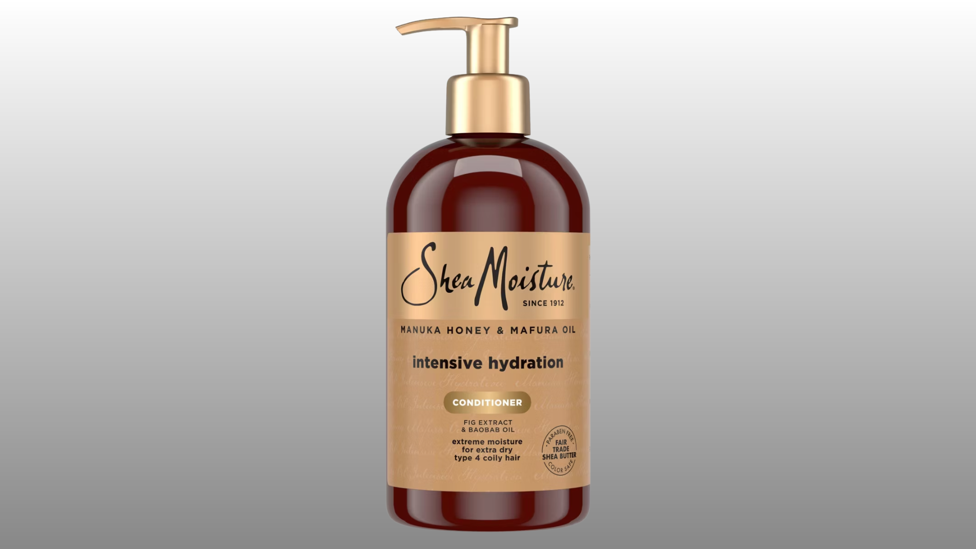 shea moisture manuka honey and mafura oil intensive hydration conditioner bottle with pump dispenser on gray background for hair care display