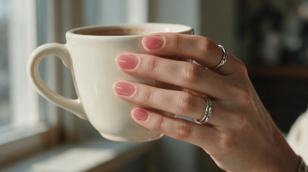 short natural nails coated in translucent rosy pink polish while holding a cream ceramic mug by a window