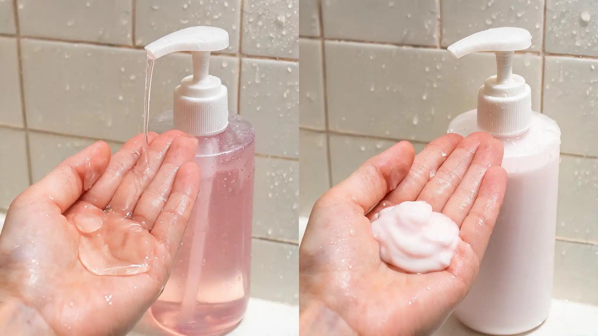 clear shower gel and creamy body wash shown side by side to compare their textures