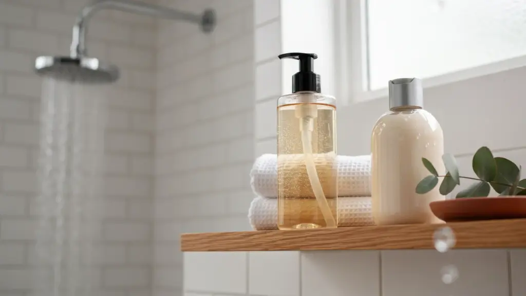 shower gel and body wash bottles displayed together in a modern bathroom setting